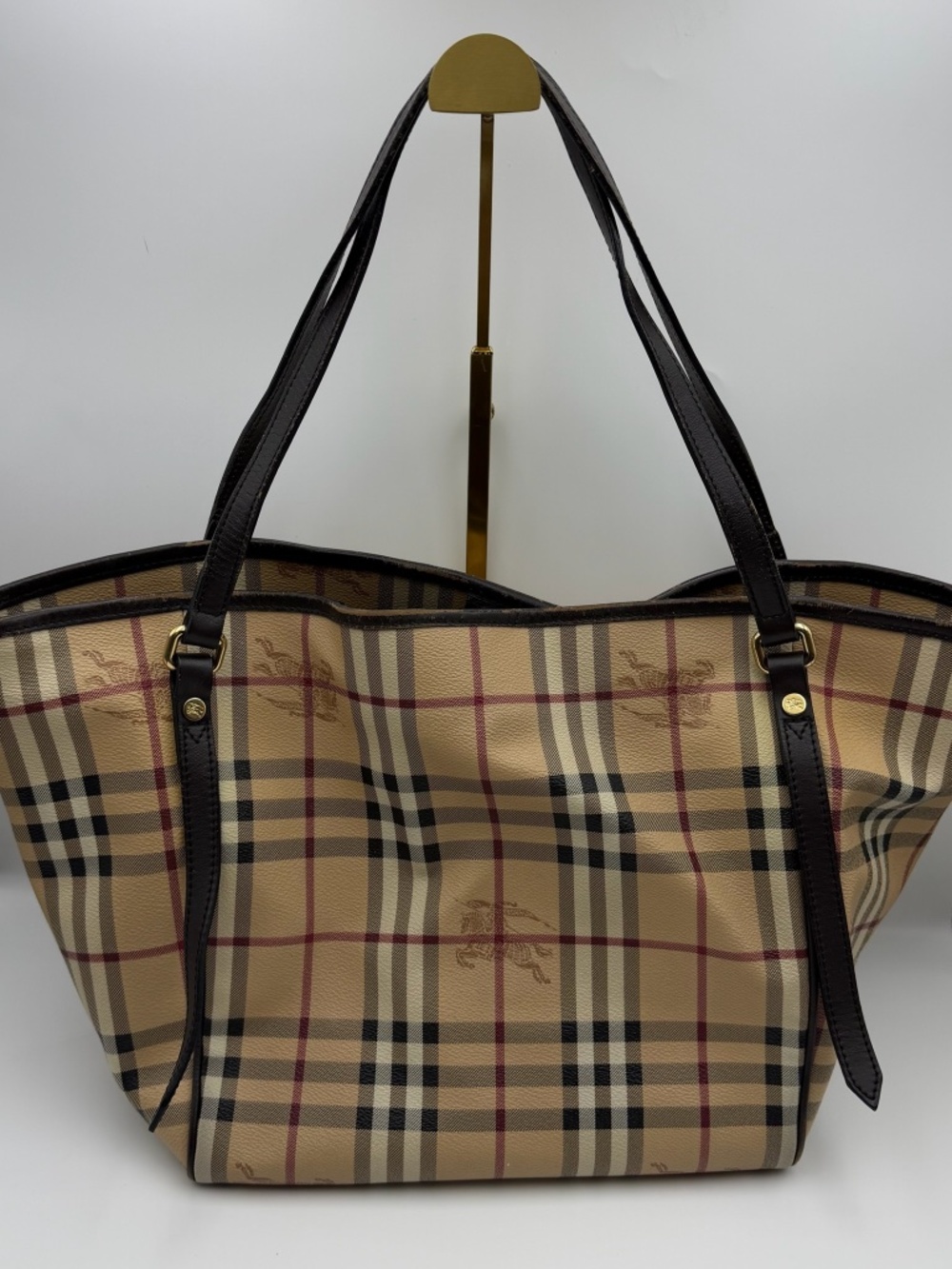 Burberry Haymarket Check Shoulder Bag Beige Brown Leather Trim Large Tote women